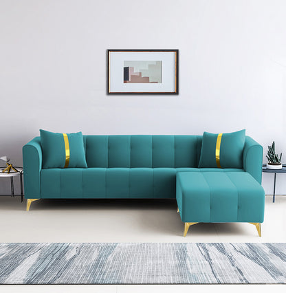 Adorn India Premium Mystic - 3 Years Warranty - L Shape 5 Seater Sofa Set Velvet Suede Fabric - Aqua Blue