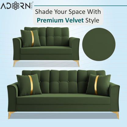 Adorn India Premium Maddox Tufted - 3 Years Warranty - 3+2 Sofa Set Velvet Suede Fabric - Green