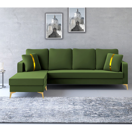 Adorn India Premium Chandler - 3 Years Warranty - L Shape 5 Seater Sofa Set -LHS- Velvet Suede Fabric - Green