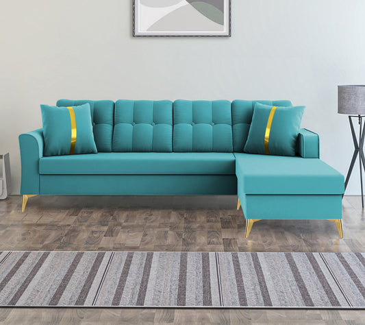 Adorn India Premium Maddox Tufted- 3 Years Warranty - L Shape 5 Seater Sofa Set -RHS-Velvet Suede Fabric - Aqua Blue