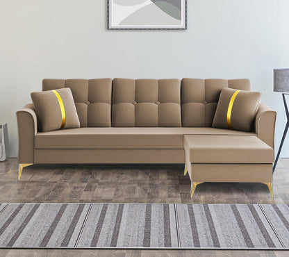 Adorn India Premium Maddox Tufted - 3 Years Warranty - L Shape 4 Seater Sofa Set Velvet Suede Fabric - Beige