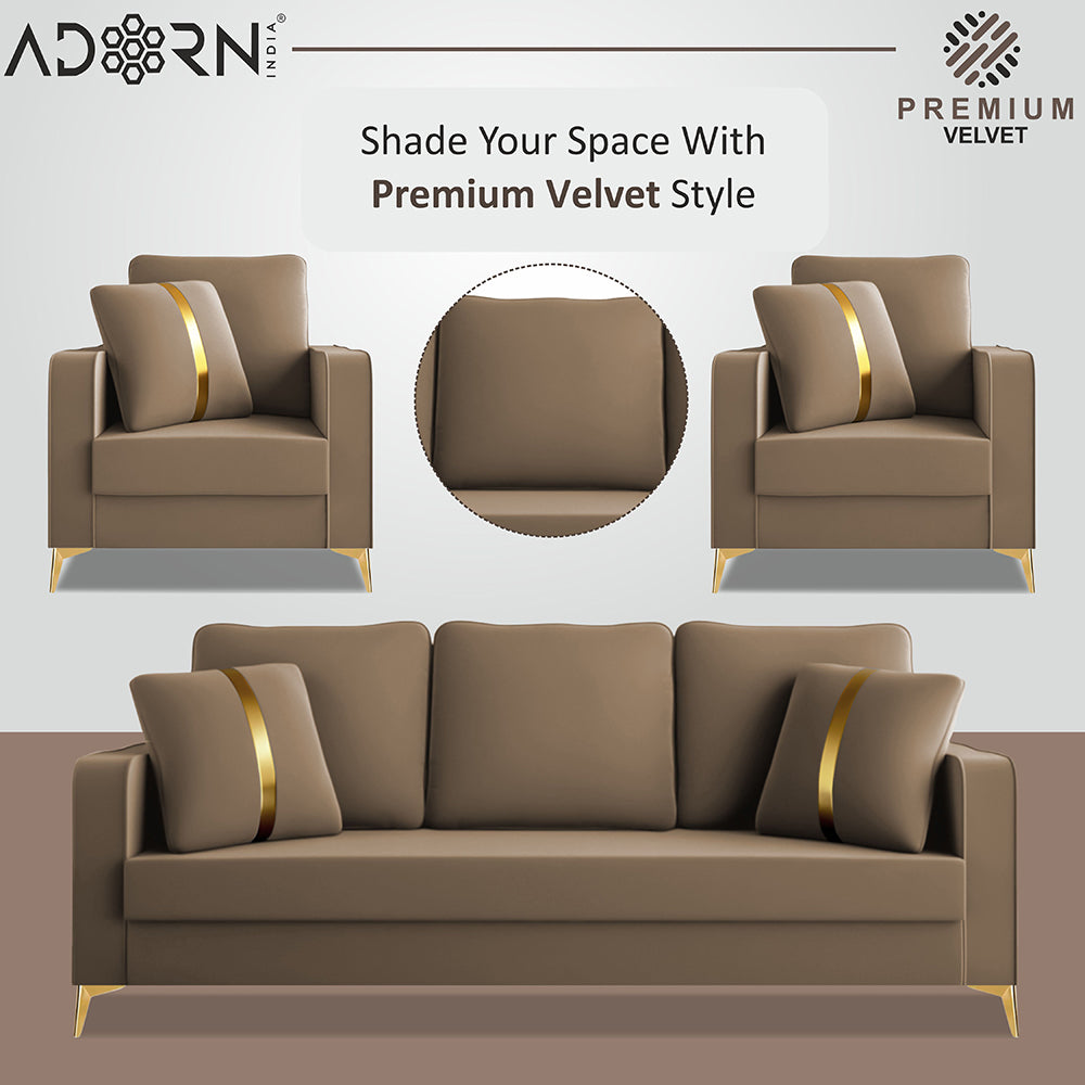 Adorn India Premium Chandler - 3 Years Warranty - 3+1+1 Sofa Set Velvet Suede Fabric - Beige