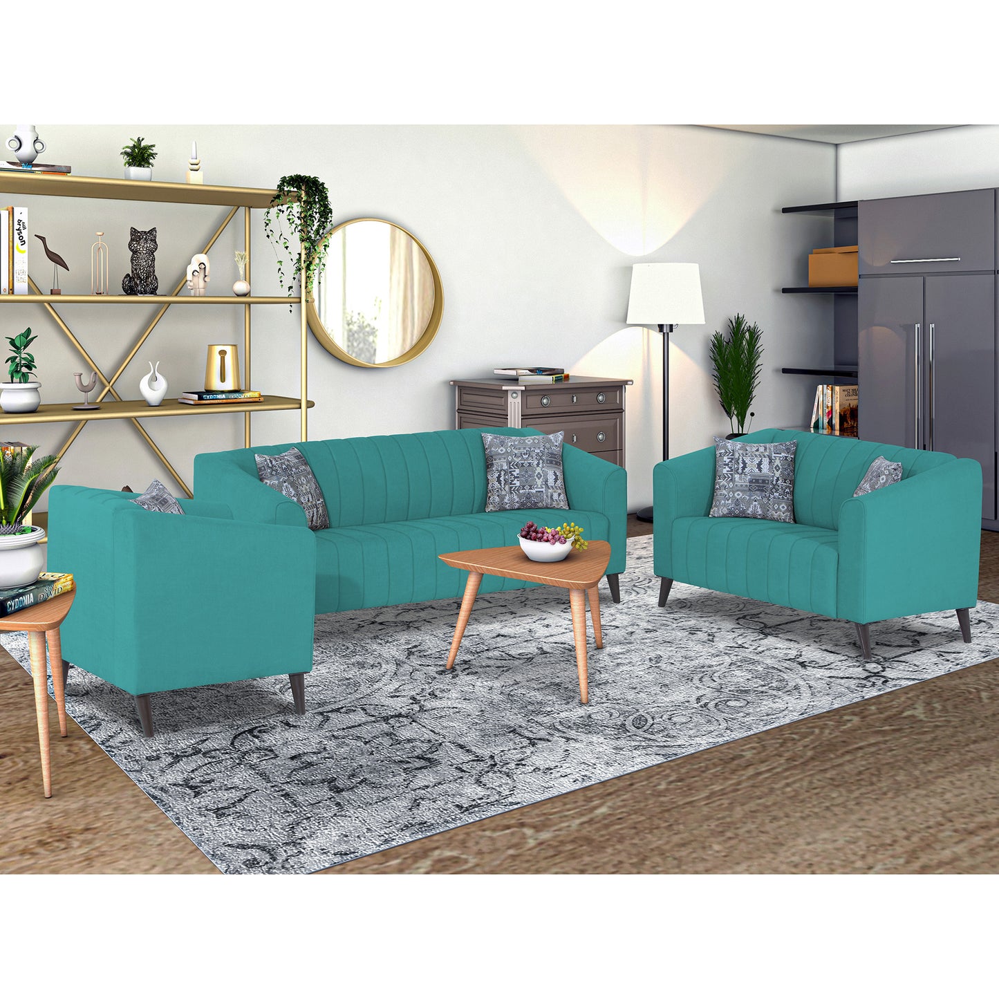 Adorn India Premium Laurel 3+2+1 6 Seater Sofa Set (Aqua Blue)