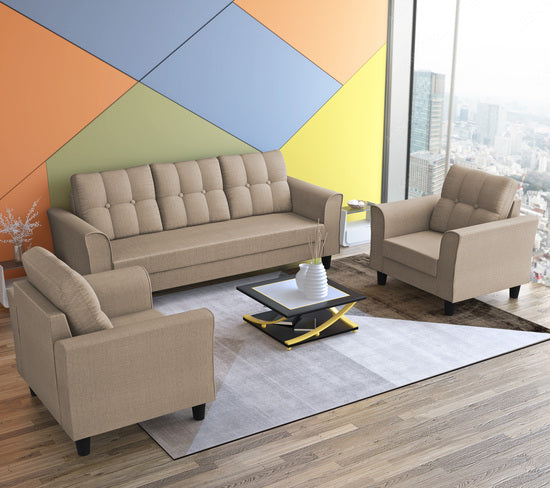 Adorn India Maddox Tufted 3-1-1 5 Seater Sofa Set (Beige) (3 Year Warranty)