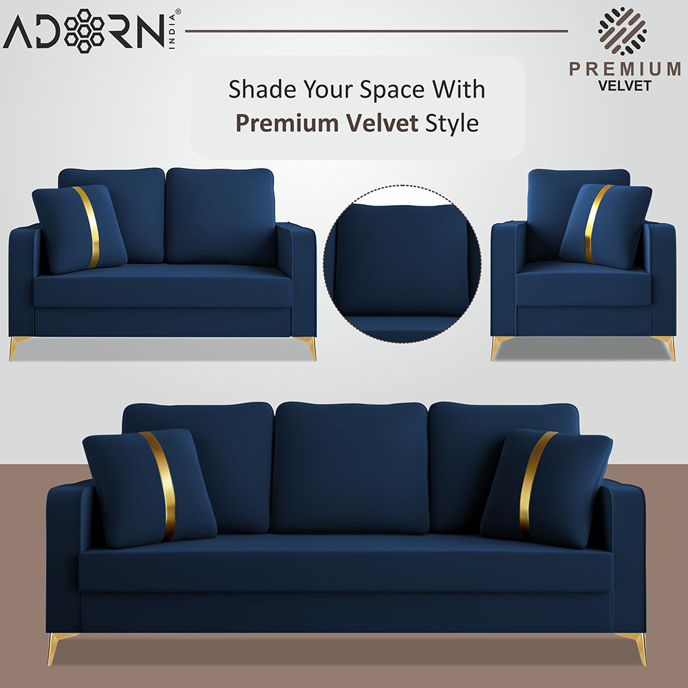 Adorn India Premium Chandler - 3 Years Warranty - 3+2+1 Sofa Set Velvet Suede Fabric - Blue