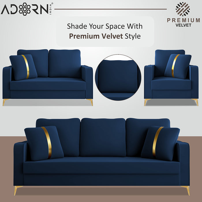 Adorn India Premium Chandler - 3 Years Warranty - 3+2+1 Sofa Set Velvet Suede Fabric - Blue