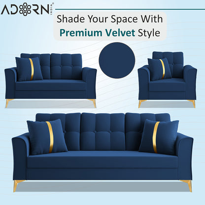 Adorn India Premium Maddox Tufted - 3 Years Warranty - 3+2+1 Sofa Set Velvet Suede Fabric - Blue