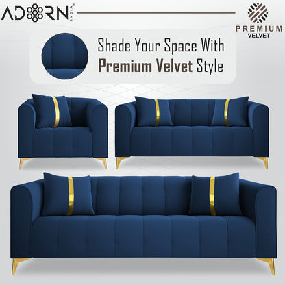 Adorn India Premium Mystic - 3 Years Warranty - 3+2+1 Sofa Set Velvet Suede Fabric - Blue