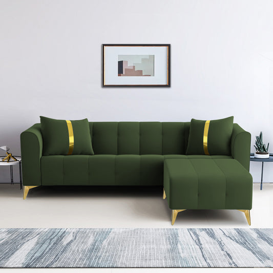 Adorn India Premium Mystic - 3 Years Warranty - L Shape 4 Seater Sofa Set Velvet Suede Fabric - Green