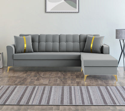 Adorn India Premium Maddox Tufted- 3 Years Warranty - L Shape 5 Seater Sofa Set -RHS-Velvet Suede Fabric - Grey