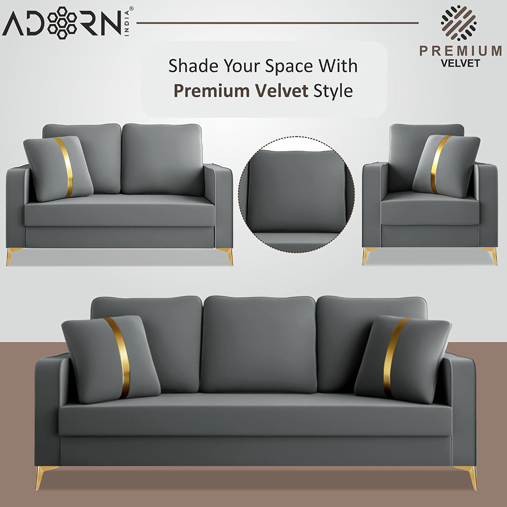 Adorn India Premium Chandler - 3 Years Warranty - 3+2+1 Sofa Set Velvet Suede Fabric - Grey