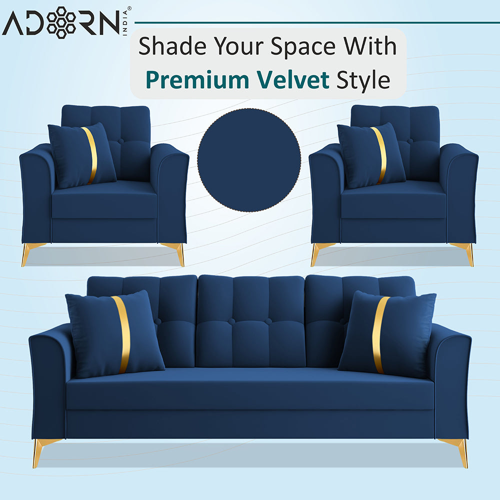 Adorn India Premium Maddox Tufted - 3 Years Warranty - 3+1+1 Sofa Set Velvet Suede Fabric - Blue