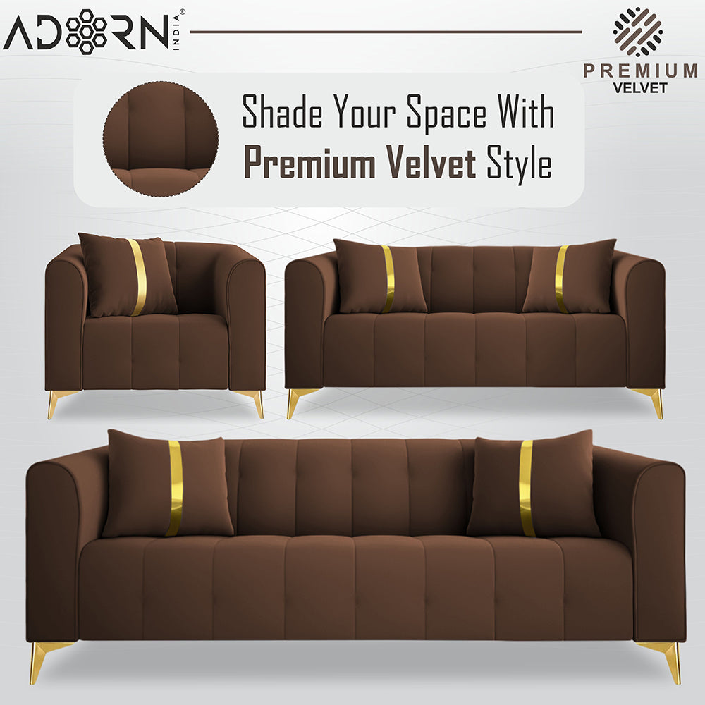 Adorn India Premium Mystic - 3 Years Warranty - 3+2+1 Sofa Set Velvet Suede Fabric -Brown