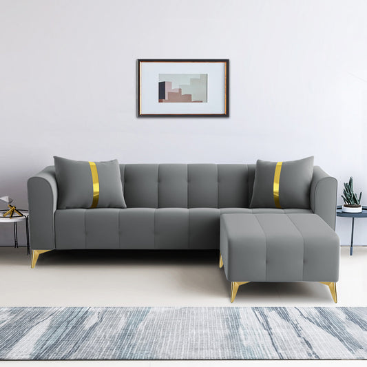 Adorn India Premium Mystic - 3 Years Warranty - L Shape 4 Seater Sofa Set Velvet Suede Fabric - Grey