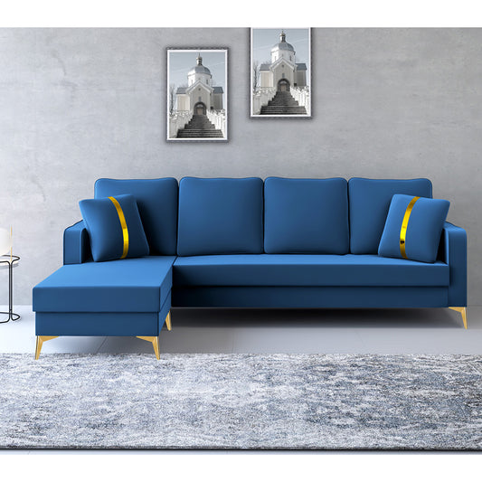 Adorn India Premium Chandler - 3 Years Warranty - L Shape 5 Seater Sofa Set -LHS- Velvet Suede Fabric - Blue