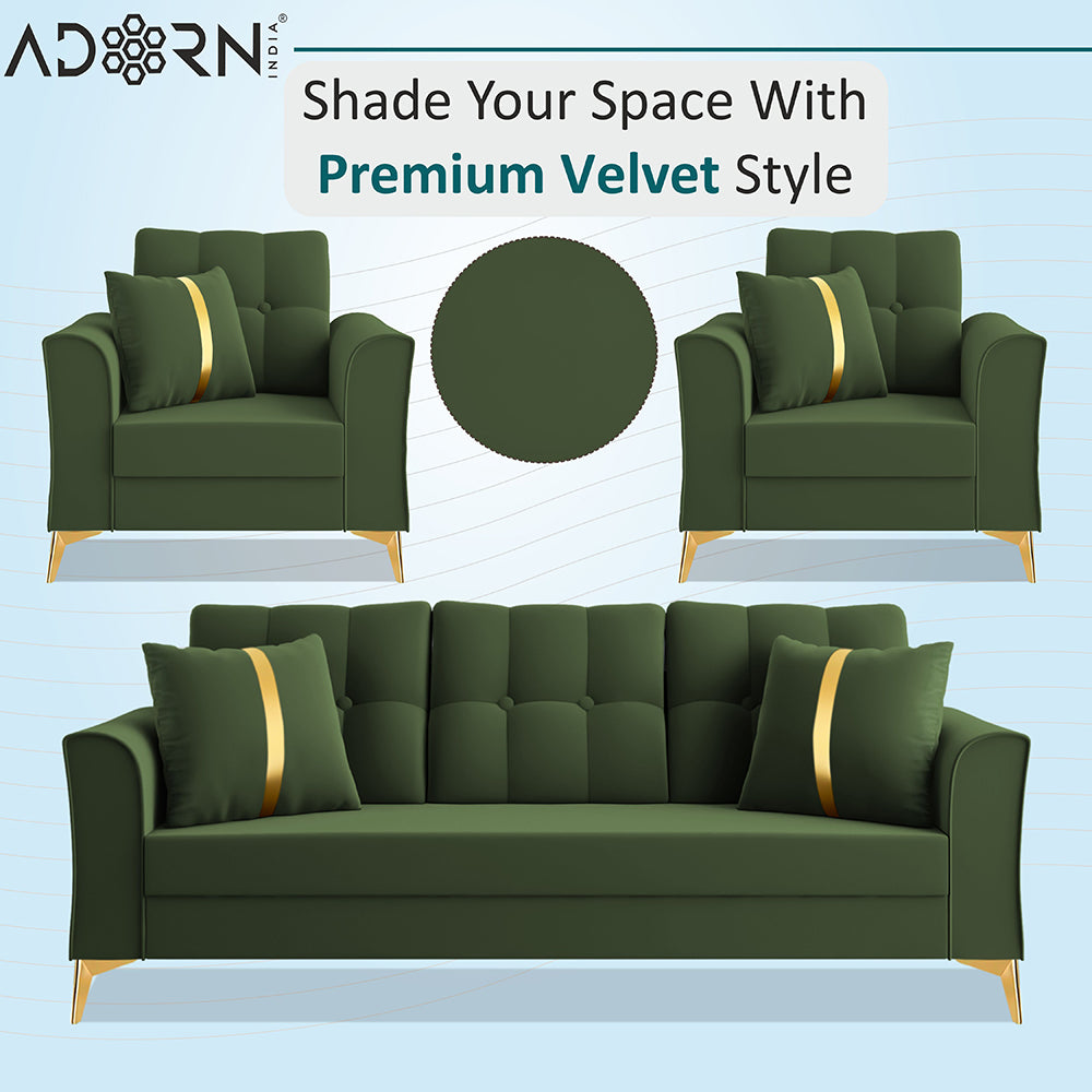 Adorn India Premium Maddox Tufted - 3 Years Warranty - 3+1+1 Sofa Set Velvet Suede Fabric - Green