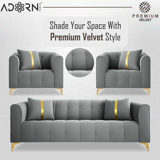 Adorn India Premium Mystic - 3 Years Warranty - 3+1+1 Sofa Set Velvet Suede Fabric - Grey