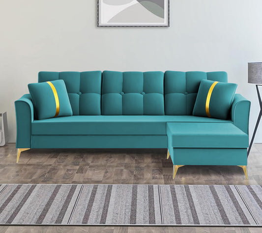 Adorn India Premium Maddox Tufted - 3 Years Warranty - L Shape 4 Seater Sofa Set Velvet Suede Fabric - Aqua Blue