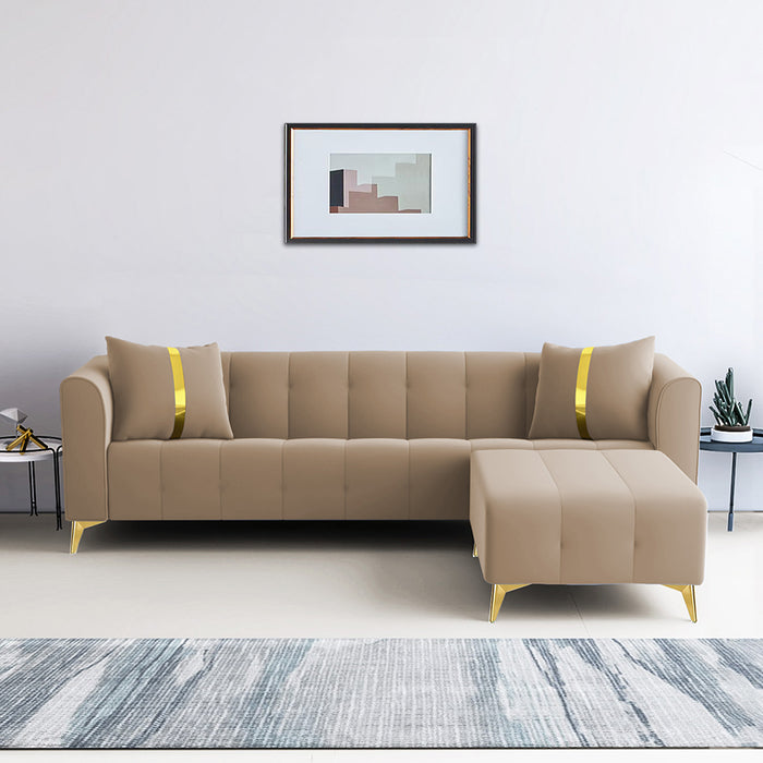 Adorn India Premium Mystic - 3 Years Warranty - L Shape 5 Seater Sofa Set Velvet Suede Fabric - Beige