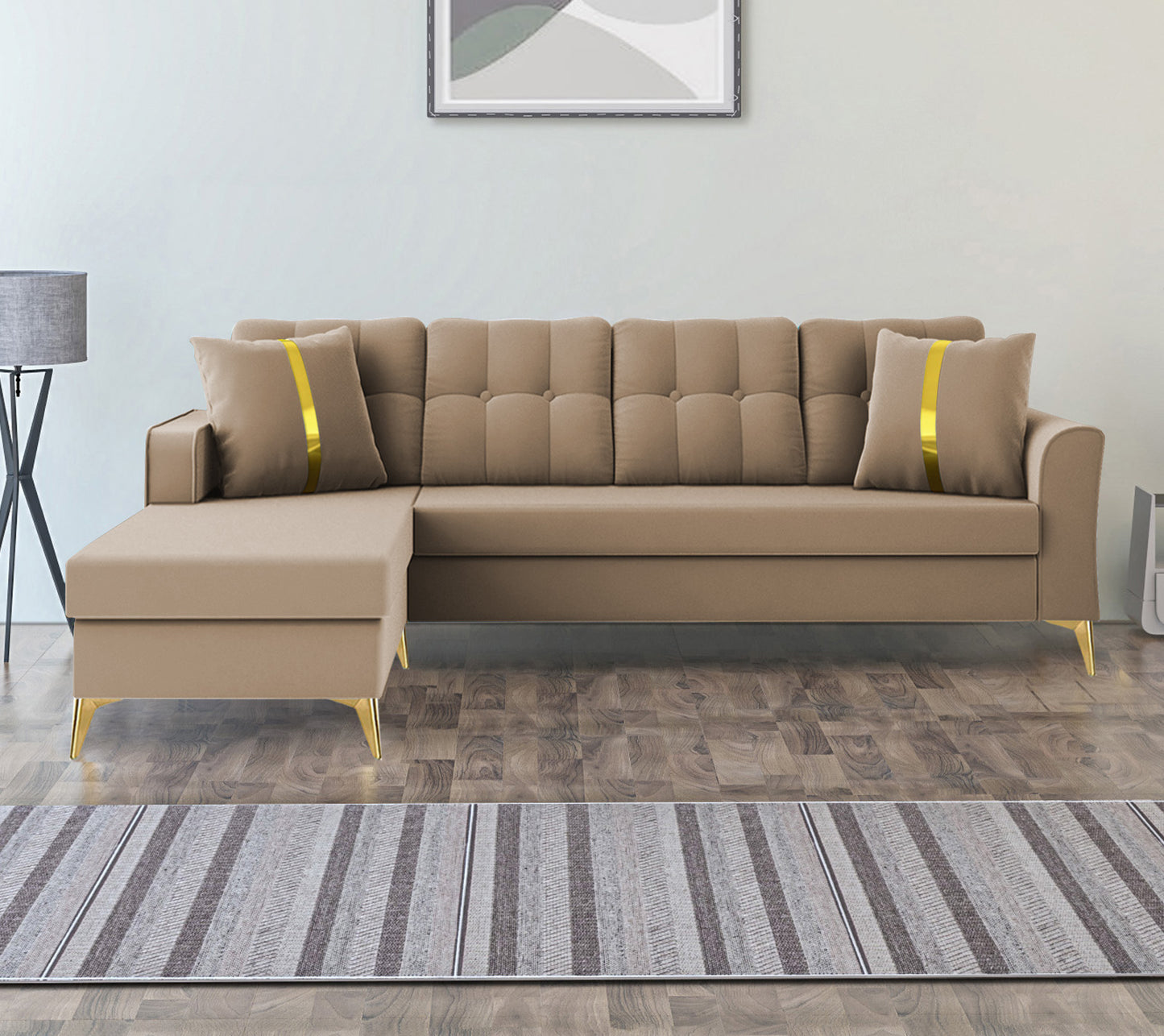 Adorn India Premium Maddox Tufted- 3 Years Warranty - L Shape 5 Seater Sofa Set -LHS-Velvet Suede Fabric - Beige