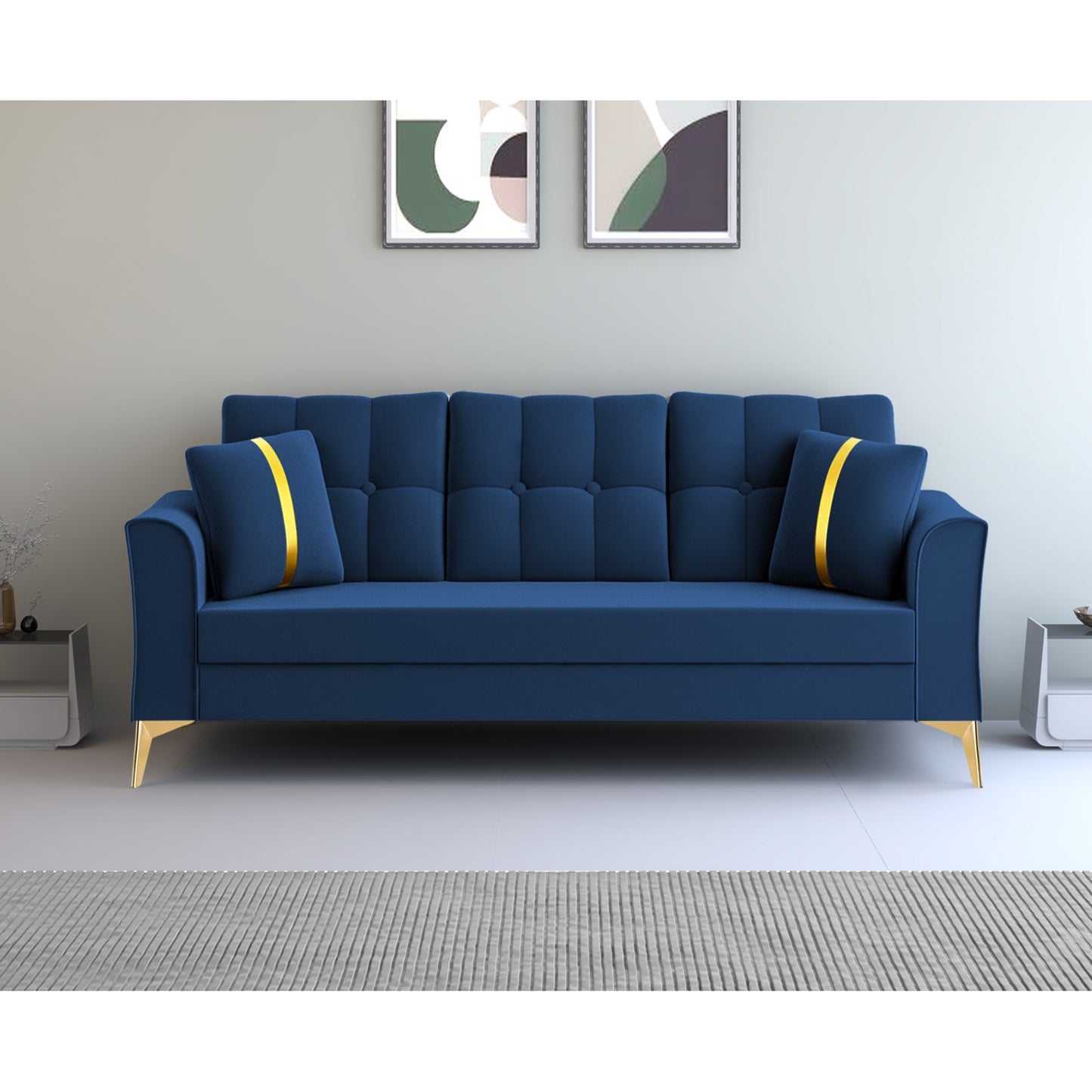 Adorn India Premium Maddox Tufted - 3 Years Warranty - 3 Seater Sofa Velvet Suede Fabric - Blue