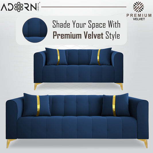 Adorn India Premium Mystic - 3 Years Warranty - 3+2 Sofa Set Velvet Suede Fabric - Blue