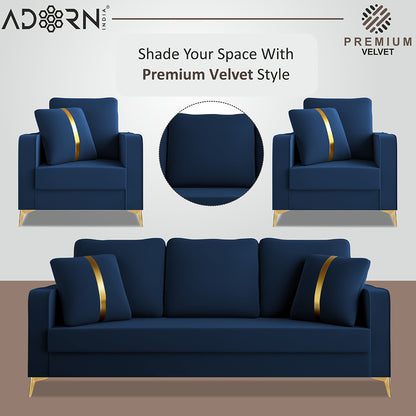 Adorn India Premium Chandler - 3 Years Warranty - 3+1+1 Sofa Set Velvet Suede Fabric - Blue