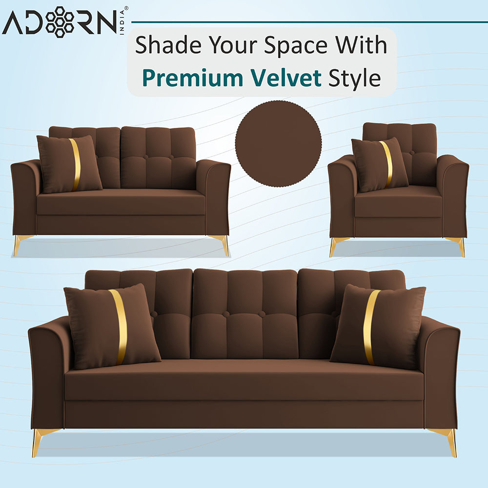 Adorn India Premium Maddox Tufted - 3 Years Warranty - 3+2+1 Sofa Set Velvet Suede Fabric - Brown