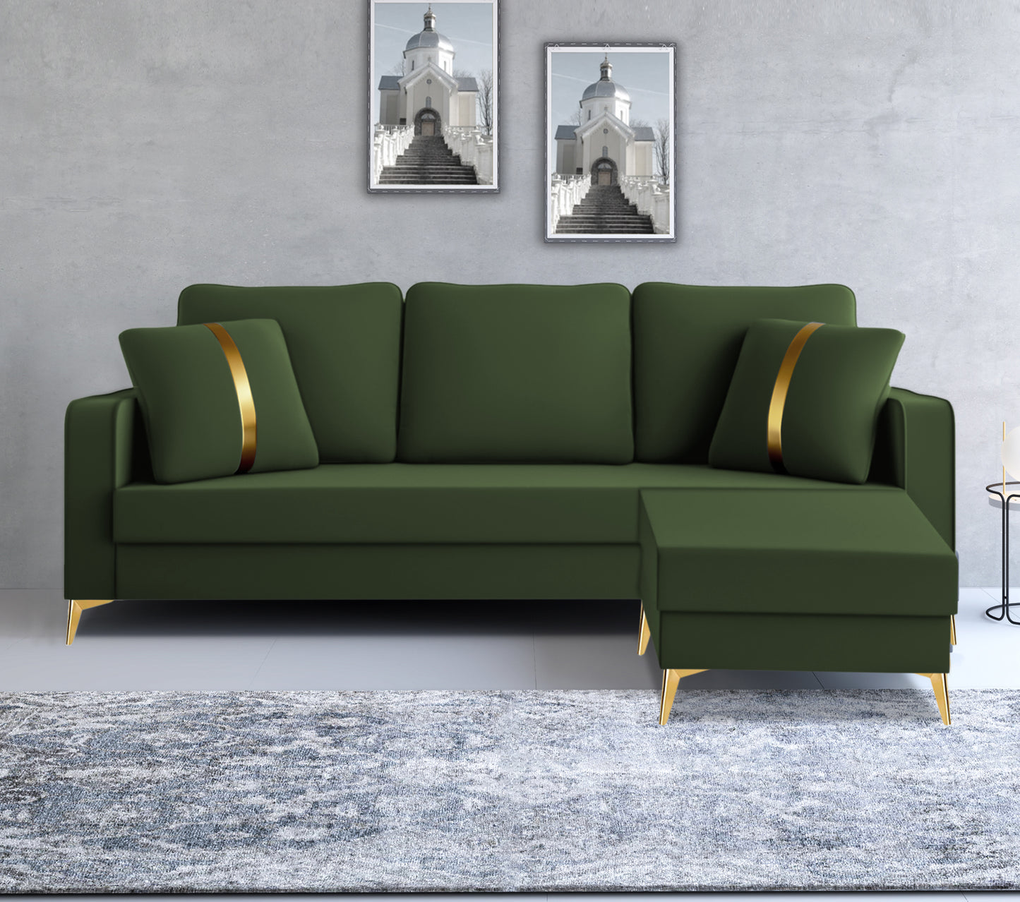 Adorn India Premium Chandler - 3 Years Warranty - L Shape 4 Seater Sofa Set Velvet Suede Fabric - Green