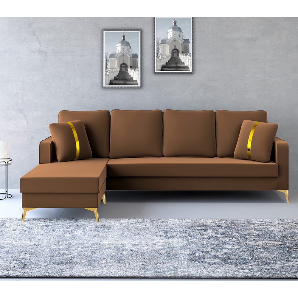 Adorn India Premium Chandler - 3 Years Warranty - L Shape 5 Seater Sofa Set -LHS- Velvet Suede Fabric - Brown