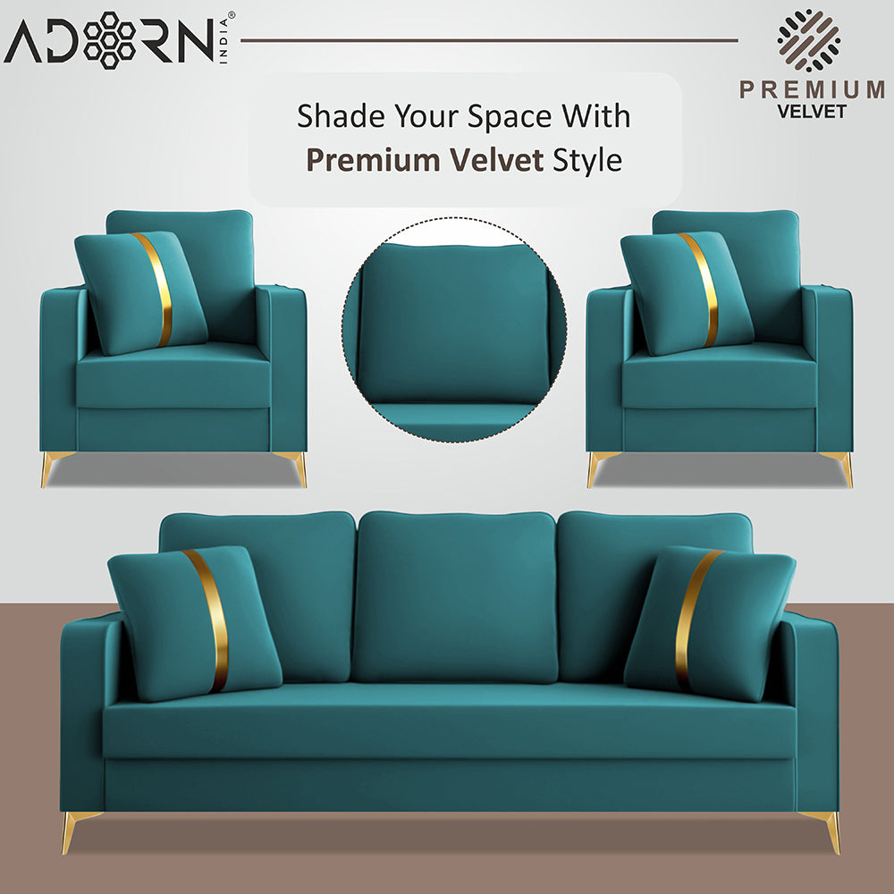 Adorn India Premium Chandler - 3 Years Warranty - 3+1+1 Sofa Set Velvet Suede Fabric - Aqua Blue