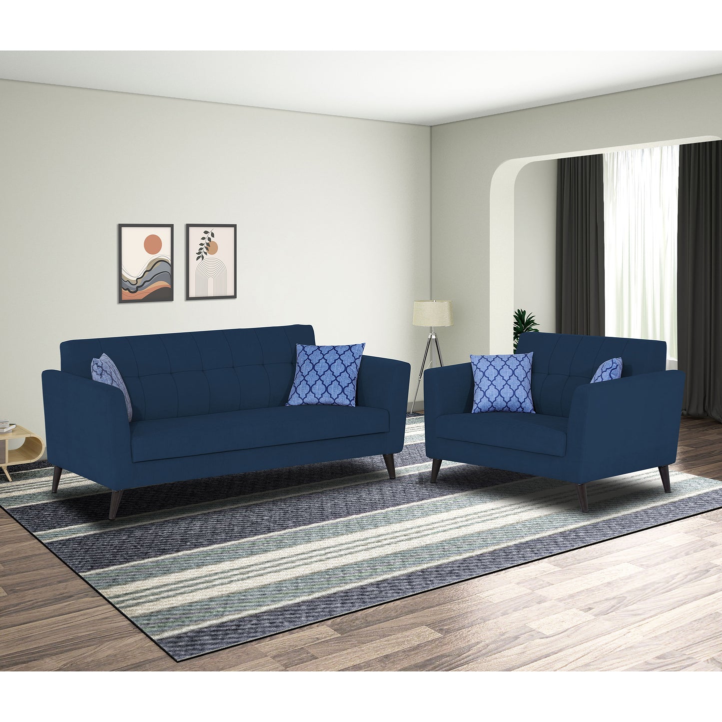 Adorn India Dannis 3+2 5 Seater Sofa Set (Blue)