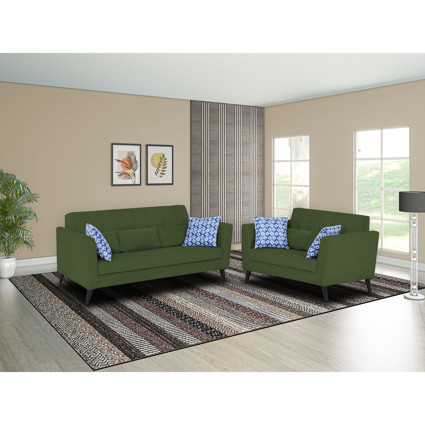 Adorn India Daniel 3+2 5 Seater Sofa Set (Green)