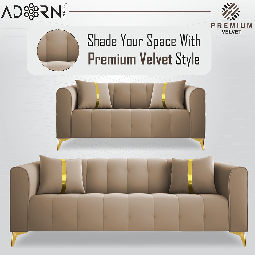 Adorn India Premium Mystic - 3 Years Warranty - 3+2 Sofa Set Velvet Suede Fabric - Beige