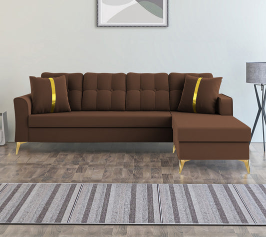 Adorn India Premium Maddox Tufted- 3 Years Warranty - L Shape 5 Seater Sofa Set -RHS-Velvet Suede Fabric - Brown