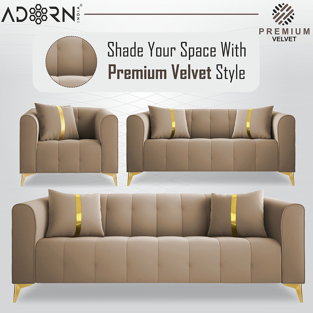 Adorn India Premium Mystic - 3 Years Warranty - 3+2+1 Sofa Set Velvet Suede Fabric - Beige