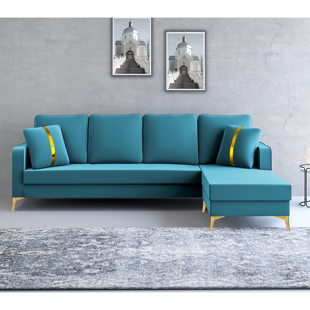 Adorn India Premium Chandler - 3 Years Warranty - L Shape 5 Seater Sofa Set -RHS-Velvet Suede Fabric - Aqua Blue