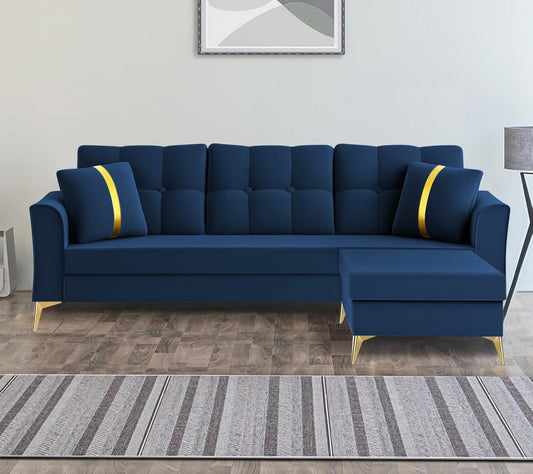 Adorn India Premium Maddox Tufted - 3 Years Warranty - L Shape 4 Seater Sofa Set Velvet Suede Fabric -Blue