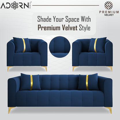 Adorn India Premium Mystic - 3 Years Warranty - 3+1+1 Sofa Set Velvet Suede Fabric - Blue