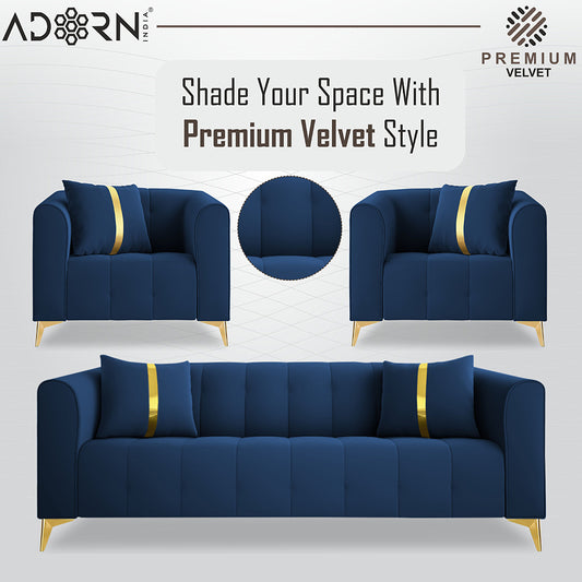 Adorn India Premium Mystic - 3 Years Warranty - 3+1+1 Sofa Set Velvet Suede Fabric - Blue