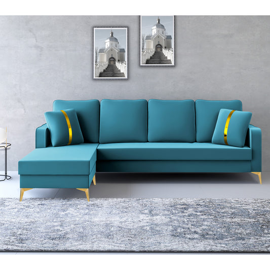 Adorn India Premium Chandler - 3 Years Warranty - L Shape 5 Seater Sofa Set -LHS-Velvet Suede Fabric - Aqua Blue