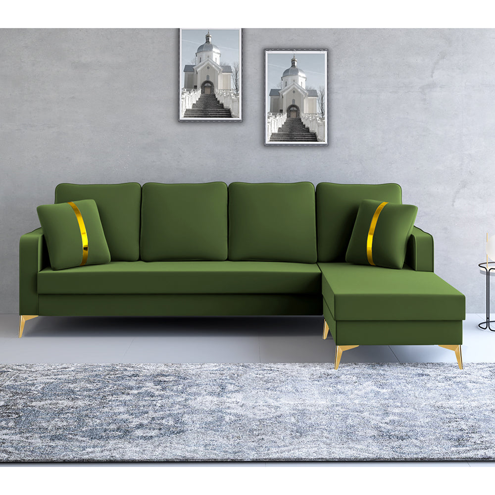 Adorn India Premium Chandler - 3 Years Warranty - L Shape 5 Seater Sofa Set -RHS- Velvet Suede Fabric - Green