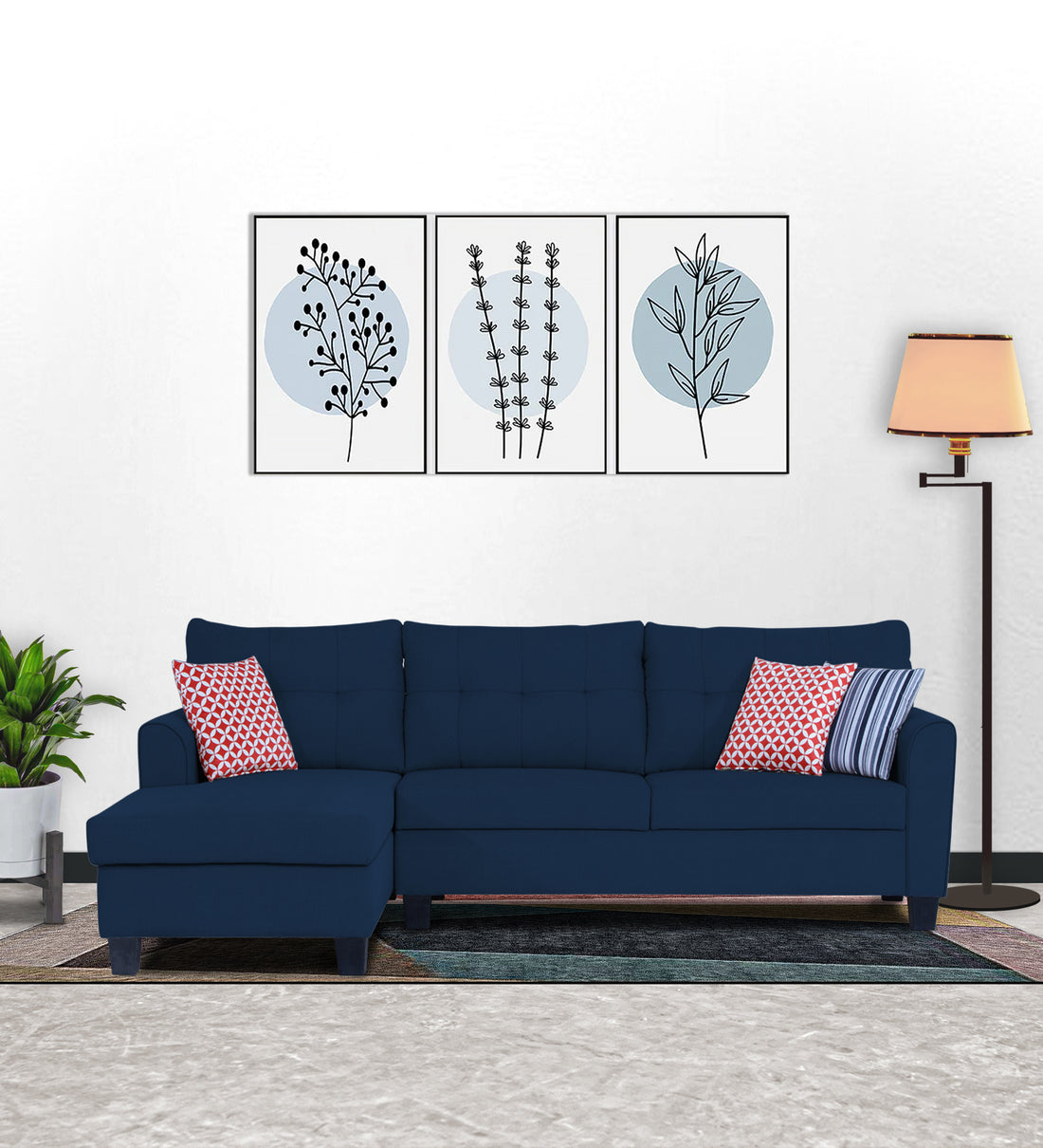 Adorn India Moris L Shape 6 Seater Sofa Set LHS (Blue) (3 Year Warranty)