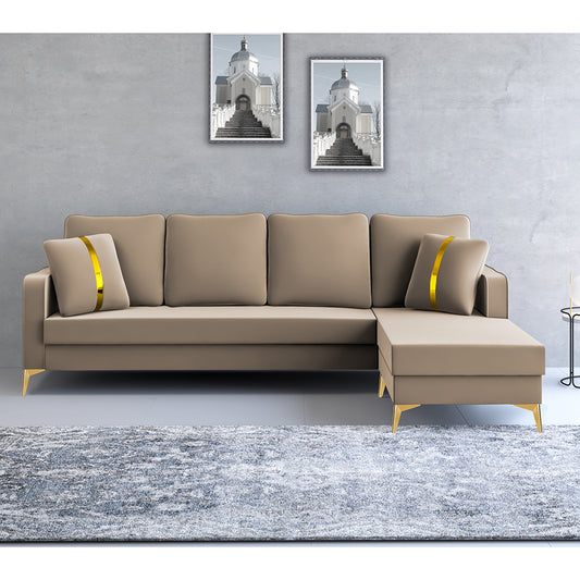 Adorn India Premium Chandler - 3 Years Warranty - L Shape 5 Seater Sofa Set -RHS- Velvet Suede Fabric - Beige