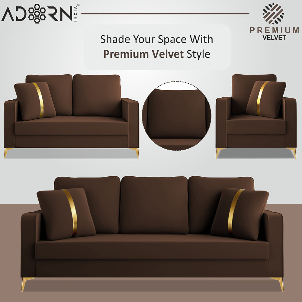 Adorn India Premium Chandler - 3 Years Warranty - 3+2+1 Sofa Set Velvet Suede Fabric - Brown