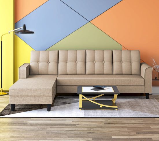 Adorn India Maddox Tufted L Shape 5 Seater Sofa Chenille Sofa Set LHS (Beige) (3 Year Warranty)