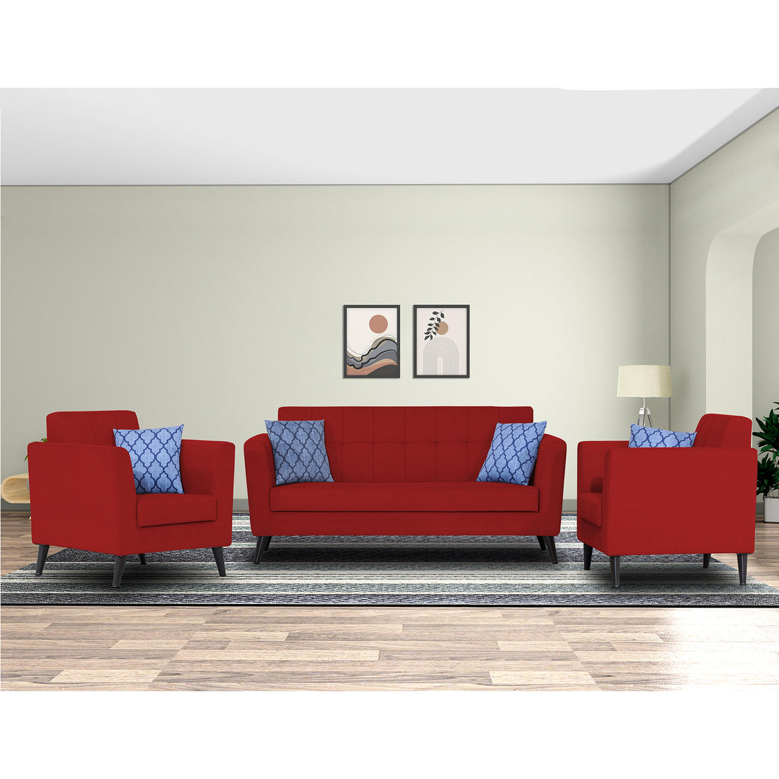 Adorn India Dannis 3+1+1 5 Seater Sofa Set (Red) (3 Year Warranty)