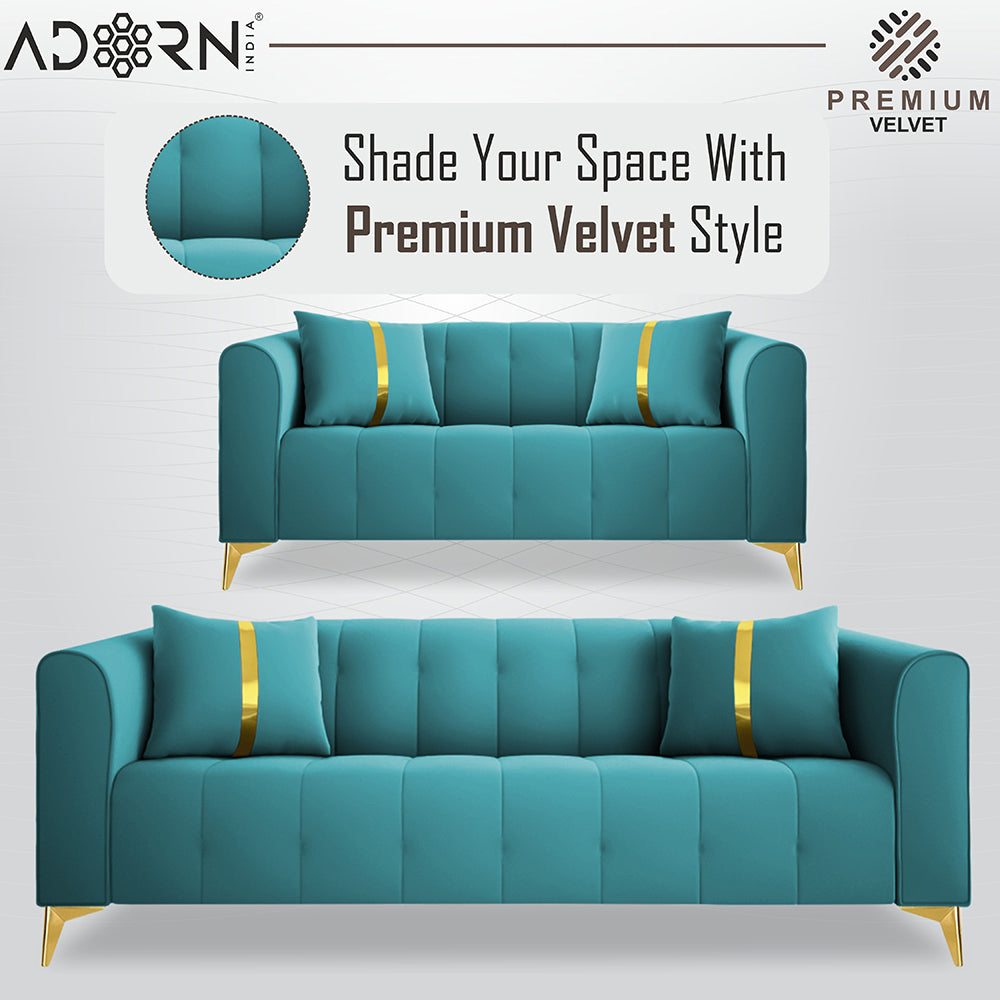 Adorn India Premium Mystic - 3 Years Warranty - 3+2 Sofa Set Velvet Suede Fabric - Aqua Blue