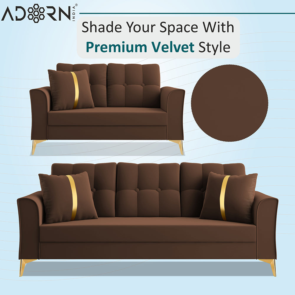 Adorn India Premium Maddox Tufted - 3 Years Warranty - 3+2 Sofa Set Velvet Suede Fabric - Brown