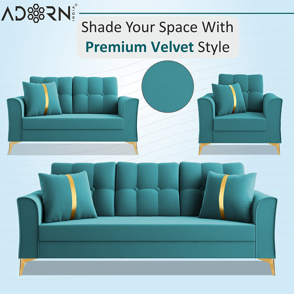 Adorn India Premium Maddox Tufted - 3 Years Warranty - 3+2+1 Sofa Set Velvet Suede Fabric - Aqua Blue